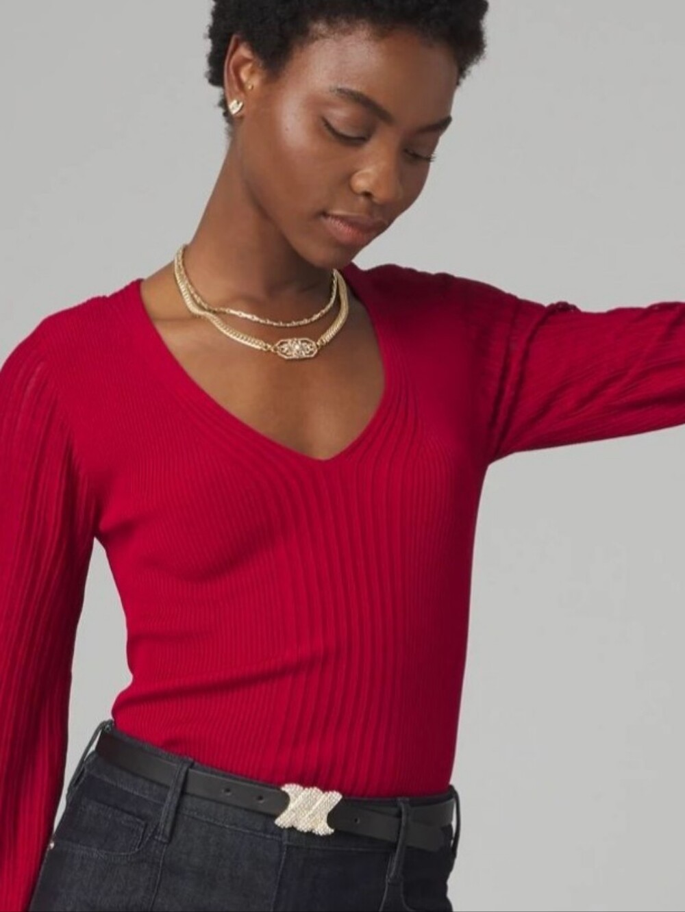 WHBM Sheer Sleeve Red V-Neck Ribbed Sweater - SZ XS NWTs